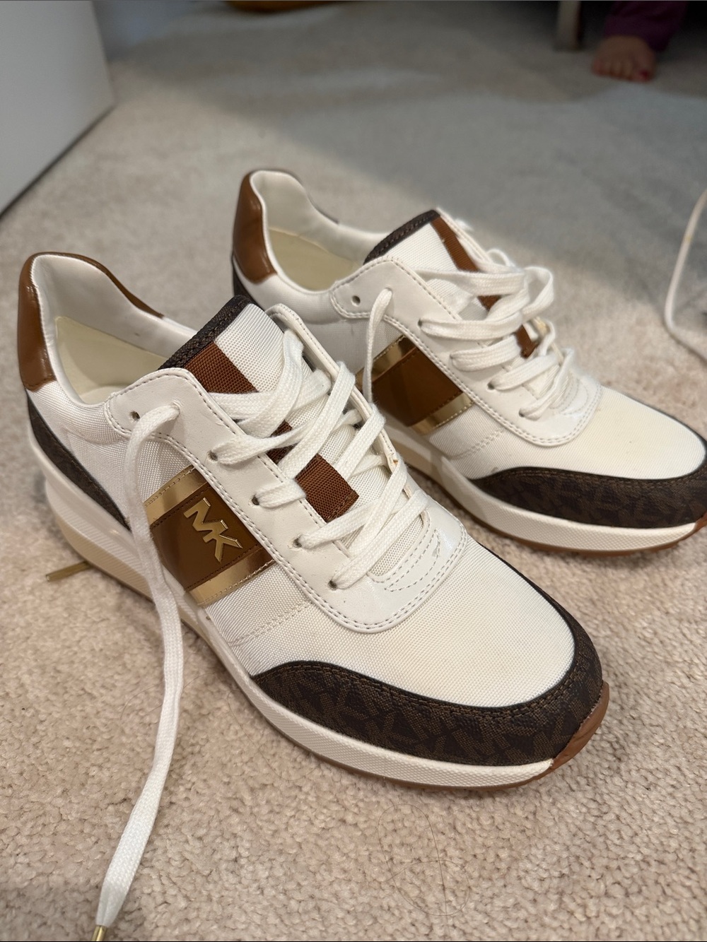 Michael Kors White, Brown and Gold Logo-Accent Sneakers